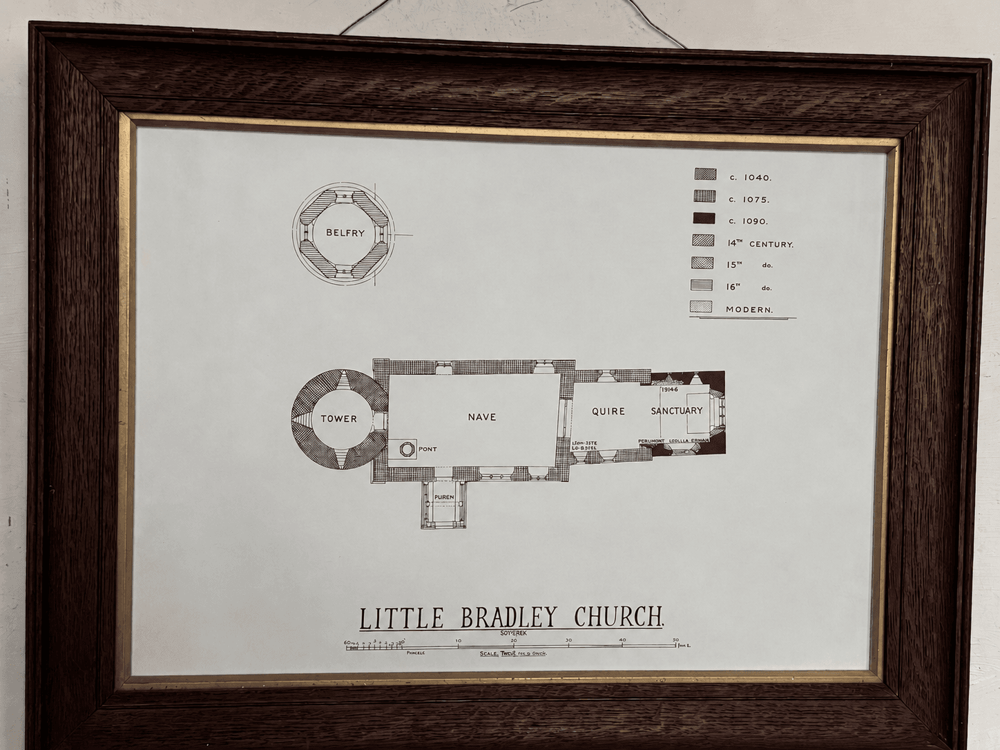 Historical floor plan of All Saints Little Bradley displayed inside the church.